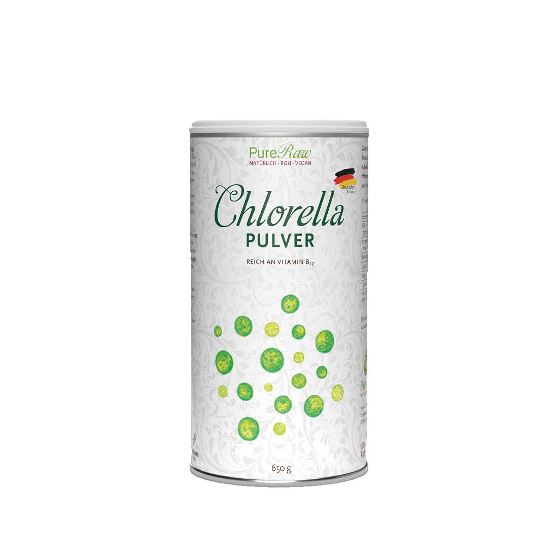 Große weiße Metalldose mit der Aufschrift „PureRaw Chlorella Pulver“.