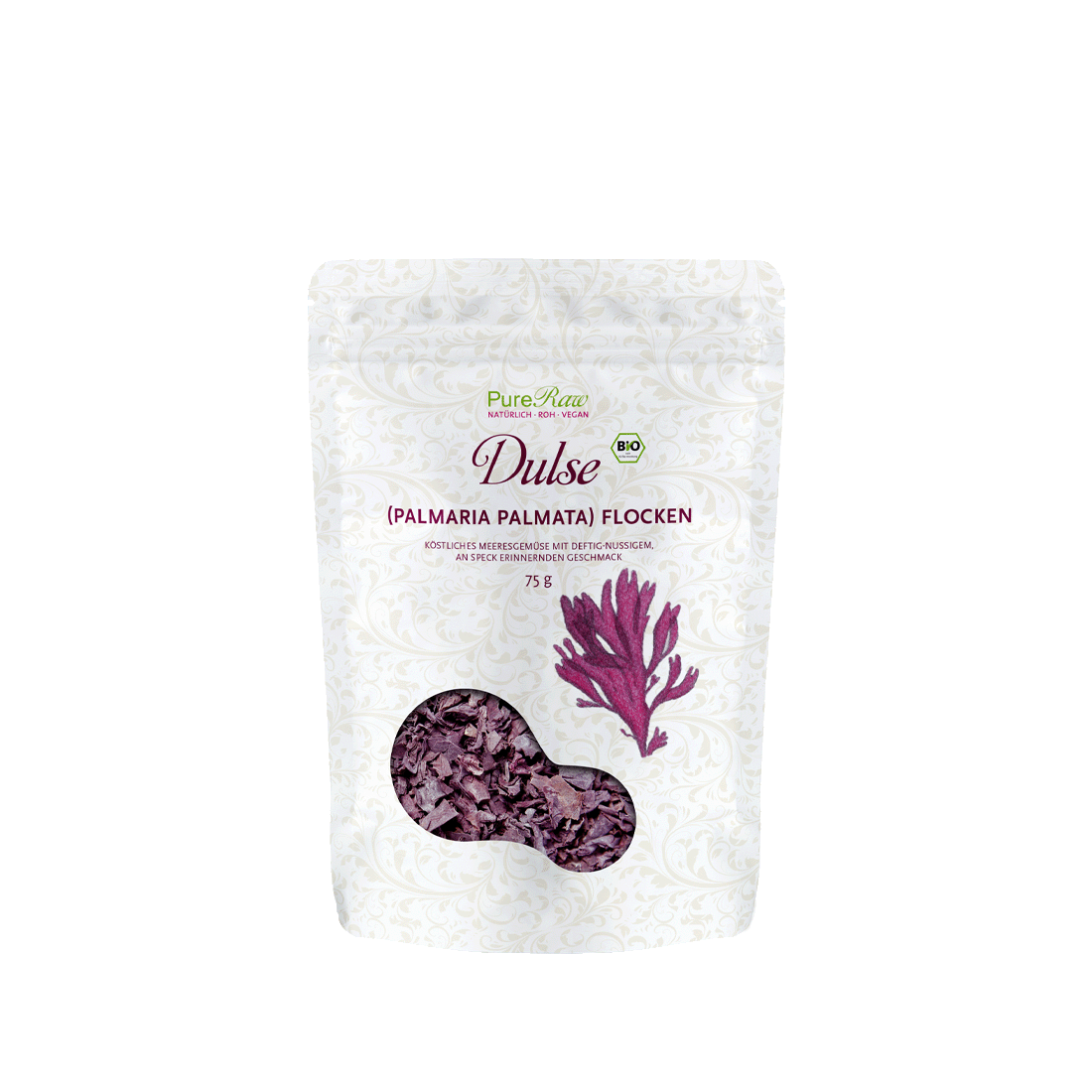 Freigestellte Packung PureRaw Dulse Flocken Bio und Roh 75 g