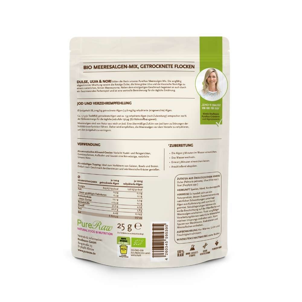 Rückseite der Produktverpackung des „Meeresalgen-Mix“ mit Nährwerttabelle und Zutatenliste.