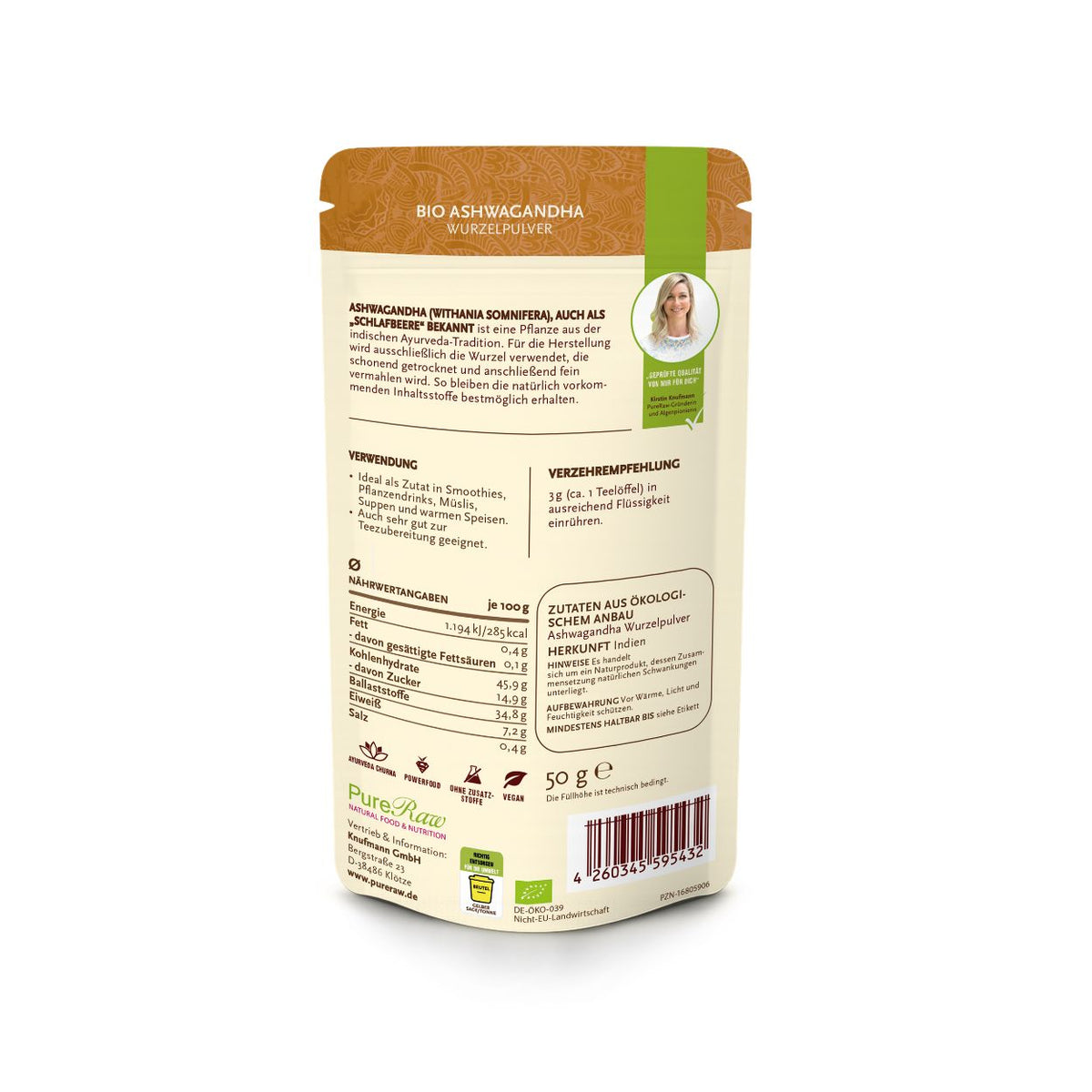 Rückseite der PureRaw Bio Ashwagandha Pulver Verpackung mit Zutaten, Nährwertangaben und Produktinformationen.