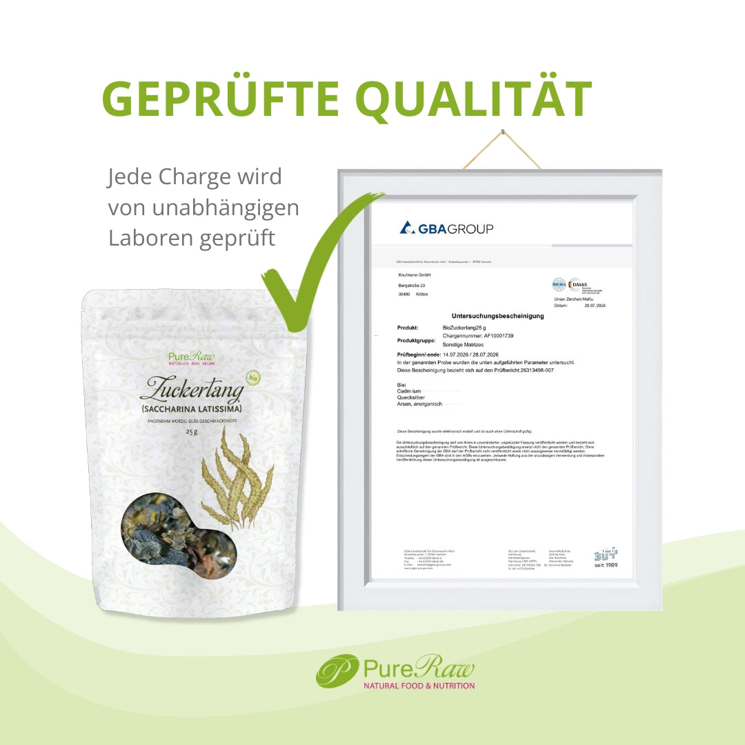 Laborgeprüfte Qualität des PureRaw Bio Zuckertangs