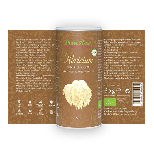 Hericium erinaceus Pilz Pulver (Igelstachelbart / Löwenmähne-Lionsmane / PomPom), (Bio & Roh) 60 g