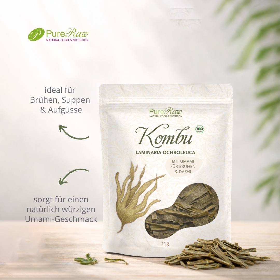 PureRaw Kombu Algen Verpackung mit getrockneten Algenstreifen und Hinweisen zur Verwendung für Brühen, Aufgüsse und würzige Gerichte.