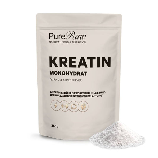 PureRaw Kreatin Monohydrat Beutel mit freigestelltem Kreatinpulver