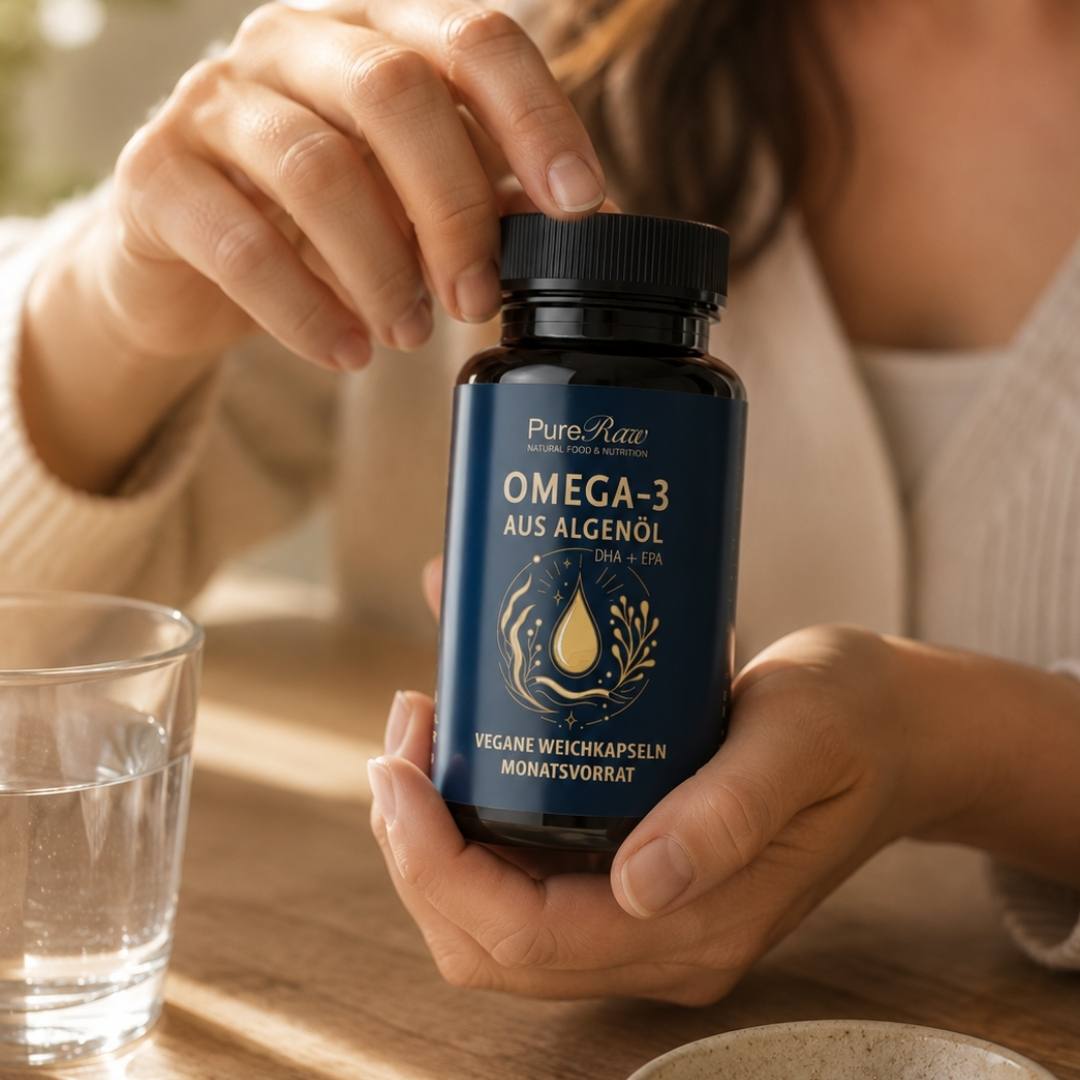 Frau nimmt PureRaw Omega-3 Kapseln aus Algenöl zu einer Mahlzeit ein
