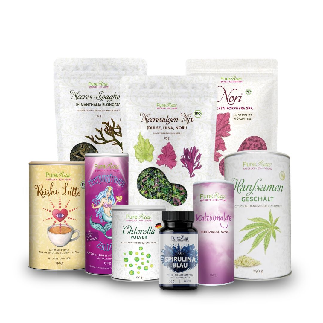 Neun pflanzliche PureRaw Lieblingsprodukte aus dem Carmen Hercegfi Familien Spezial Set