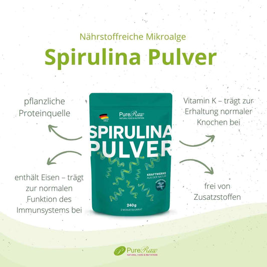 Spirulina Pulver aus Deutschland mit Übersicht der enthaltenen Mikronährstoffe