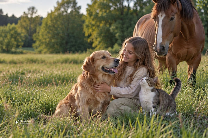 Kind mit Hund, Katze und Pferd auf einer Wiese – Symbolbild zum PureRaw Vierbeiner-Set mit Algen und MSM