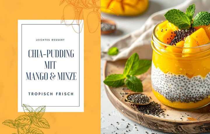 Links eine gelbe Grafik mit der Aufschrift „LEICHTES DESSERT – CHIA-PUDDING MIT MANGO & MINZE – TROPISCH FRISCH“. Rechts ein geschichtetes Glas mit Chia-Pudding, Mangopüree, frischen Mangowürfeln und Minze auf einem Holzbrett.