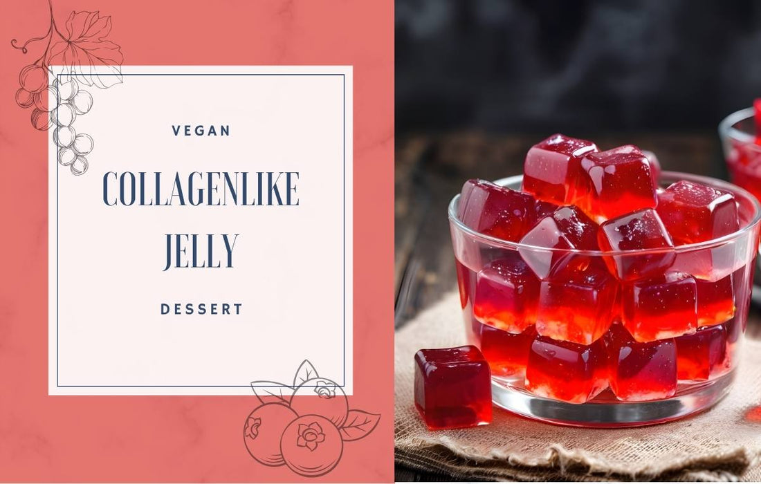  Eine mit roten Geleewürfeln gefüllte Glasschale steht auf einem Tuch, daneben ein Schild mit der Aufschrift "Veganes kollagenartiges Gelee-Dessert".