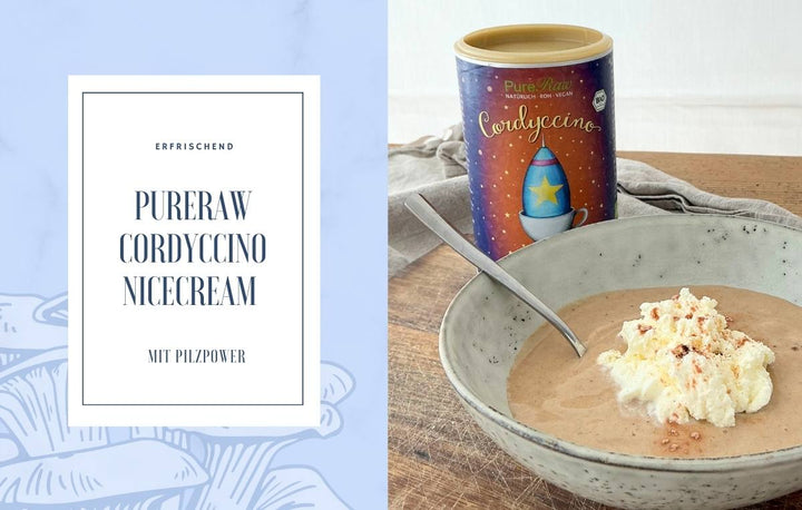 Links der Text „Erfrischend PureRaw Cordyccino Nicecream mit Pilzpower“ auf hellblauem Hintergrund. Recht eine Dose „PureRaw Cordyccino“ und eine graue Schüssel mit cremiger brauner Eiscreme, garniert mit weißer Sahne und braunem Pulver.