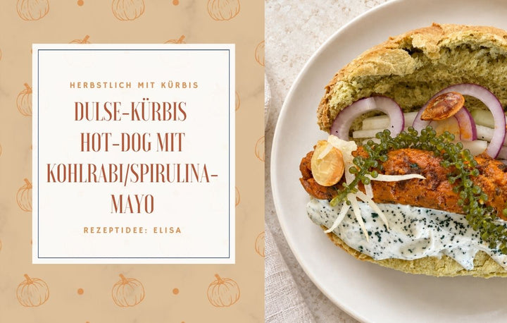 Ein Teller mit einem Dulse-Kürbis-Hot-Dog und Kohlrabi-Spirulina-Mayo.