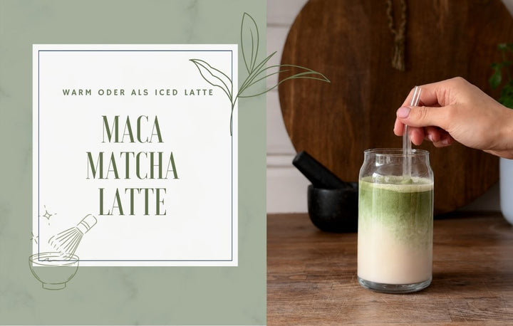 Cremiger Maca Matcha Latte mit Pflanzenmilch und Yacónpulver - warm oder als Iced Latte genießbar.