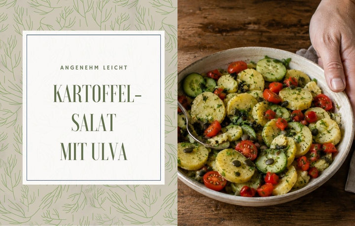 Veganer Kartoffelsalat mit Ulva-Flocken, Kirschtomaten, roter Paprika und gerösteten Kürbiskernen