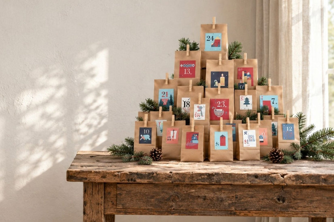 PureRaw Adventskalender 2026 mit 24 nummerierten Tüten und pflanzlichen Produkten in Originalgröße
