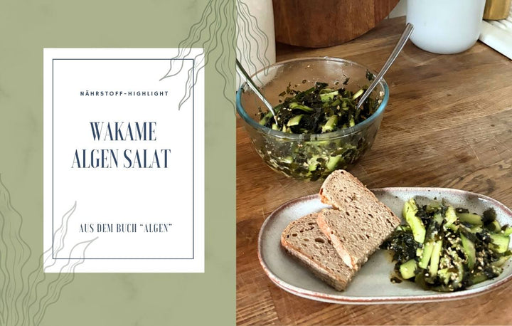 Links steht der Text: „Nährstoff-Highlight Wakame Algen Salat aus dem Buch ‚Algen‘“ und rechts ein Wakame-Algen-Salat in einer Glasschüssel mit Gurken und Sesam. Daneben liegen zwei Scheiben Vollkornbrot auf einem Teller, zwei Gabeln stecken im Salat.