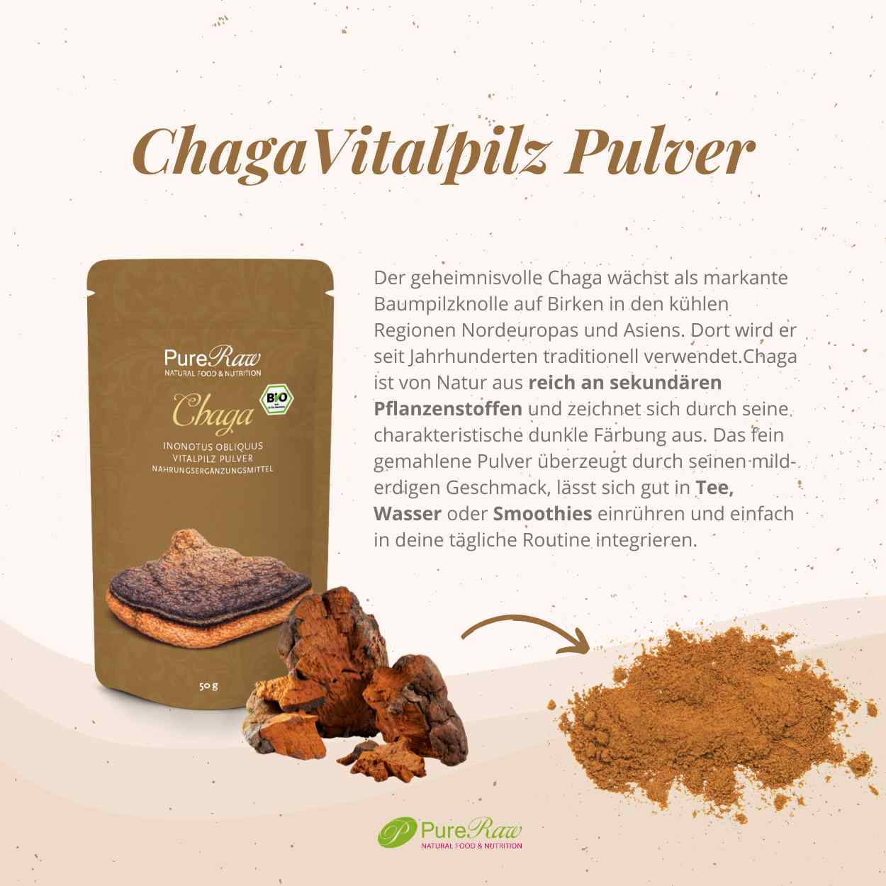 Chaga Pilz Pulver (Inonotus obliquus), (Bio & Roh) 50 g