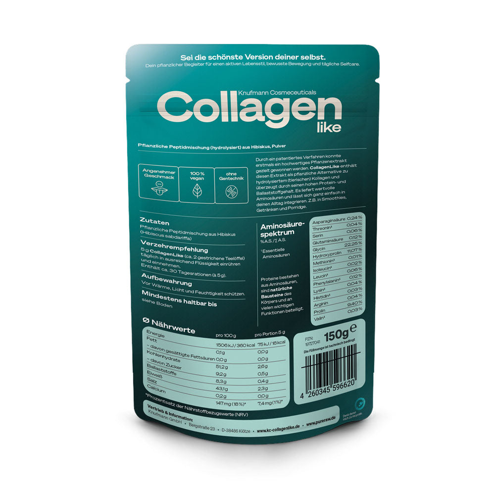 PureRaw CollagenLike Verpackung mit Nährwerten und Anwendungshinweisen