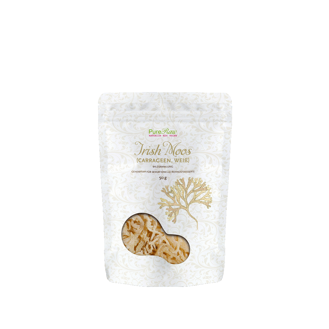 Weißer Standbeutel von „PureRaw Irish Moos (Carrageen, weiß)“ vor weißem Hintergrund.