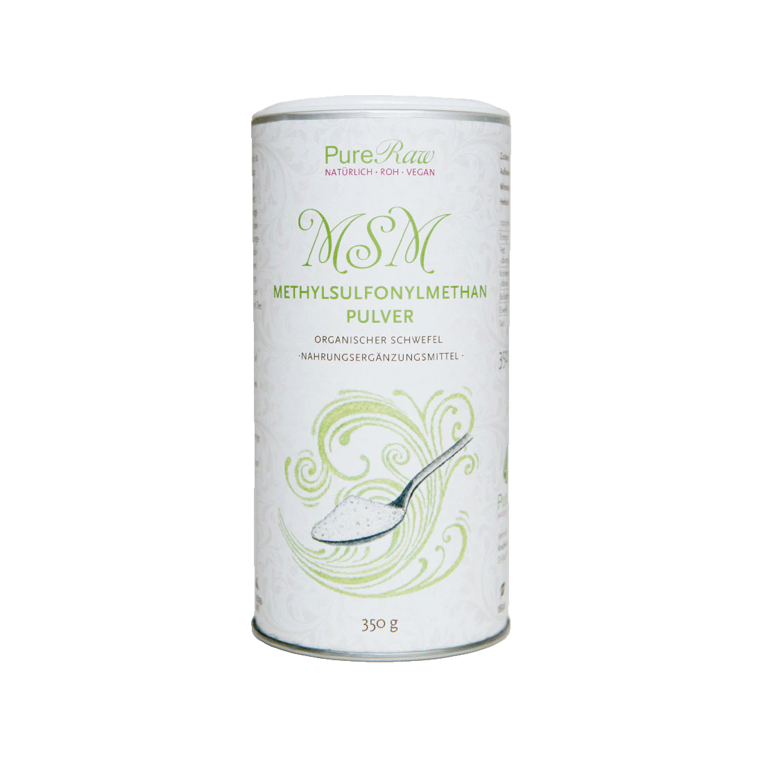 PureRaw MSM Pulver mit 99 % reinem Methylsulfonylmethan in der 350-g-Dose frei
