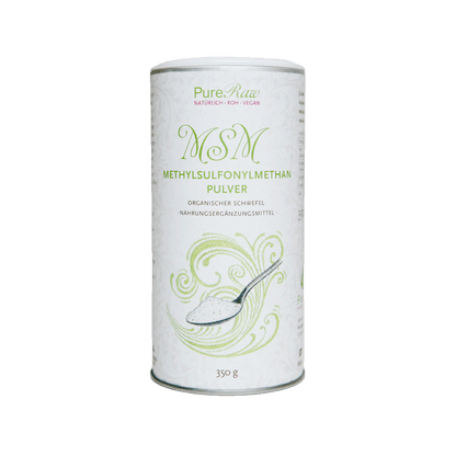 PureRaw MSM Pulver mit 99 % reinem Methylsulfonylmethan in der 350-g-Dose frei
