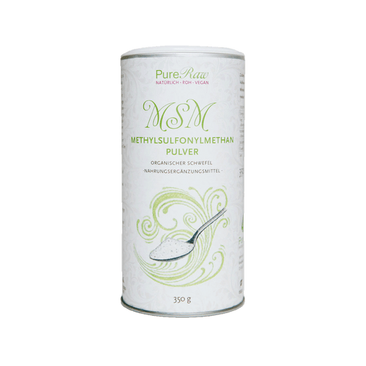 PureRaw MSM Pulver mit 99 % reinem Methylsulfonylmethan in der 350-g-Dose frei
