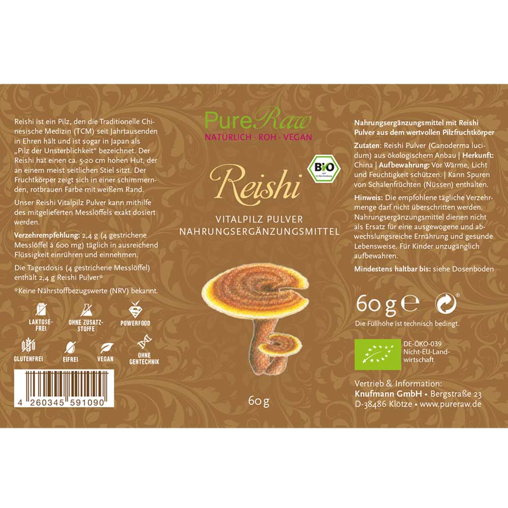 Reishi Pilz Pulver Premium (Ganoderma lucidum), (Bio) 60 g