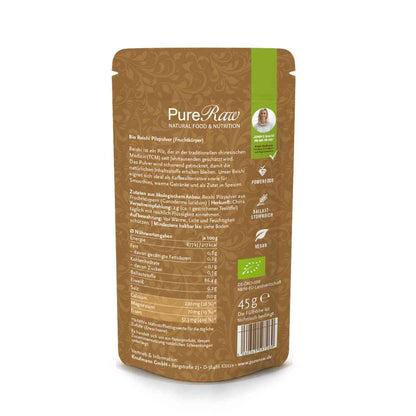 PureRaw Reishi Vitalpilz Pulver Bio Rückseite mit Zutaten, Nährwerten und Produktinformationen