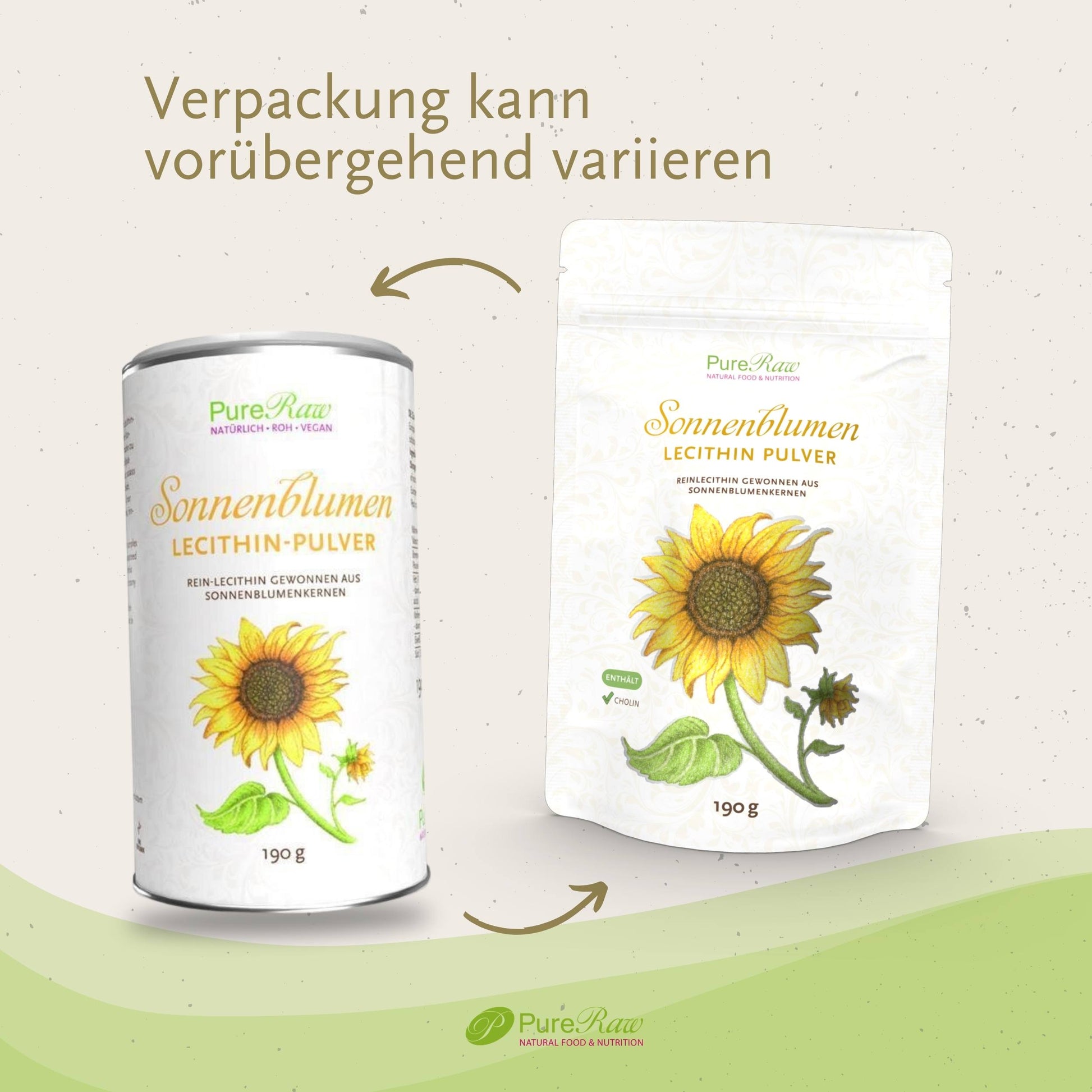 PureRaw Sonnenblumenlecithin-Pulver in Dose und Beutel mit Hinweis auf vorübergehend variierende Verpackung
