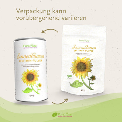 PureRaw Sonnenblumenlecithin-Pulver in Dose und Beutel mit Hinweis auf vorübergehend variierende Verpackung