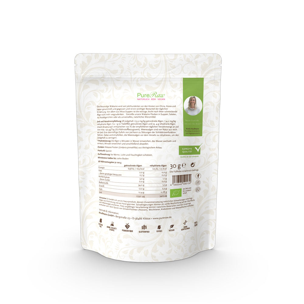 Rückseite der PureRaw Bio Wakame Flocken Verpackung mit Produktinformationen