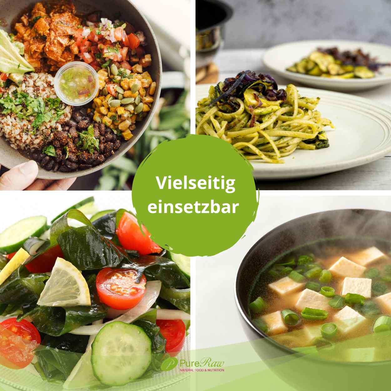 Gerichte mit Wakame Flocken - Salat, Suppe, Bowl und Nudelgericht