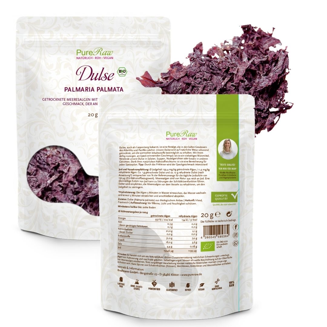 Bio Dulse von PureRaw - Verpackung mit Vorder- und Rückseite