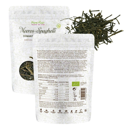 Bio Meeres-Spaghetti von PureRaw – Verpackung mit Vorder- und Rückseite