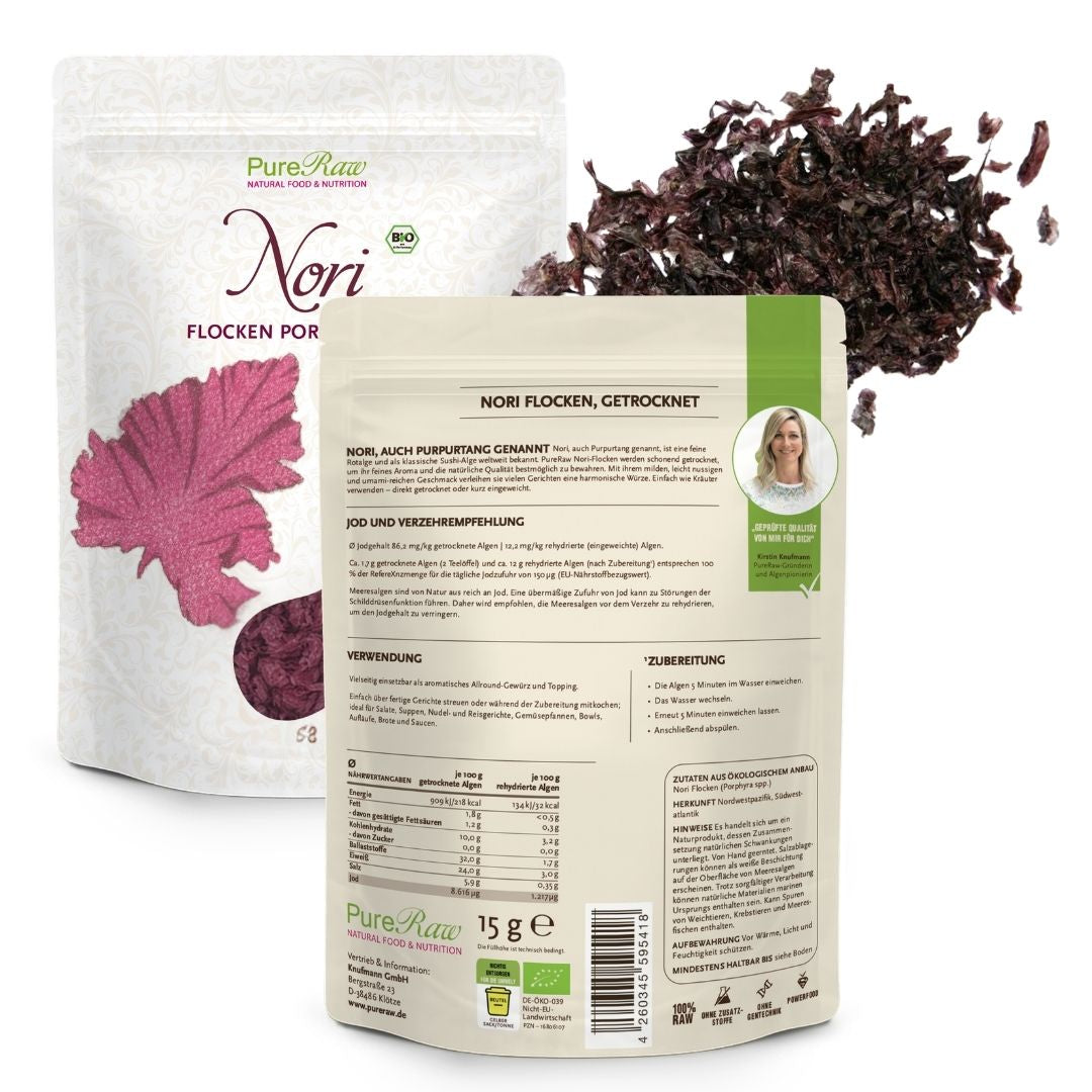 Bio Nori Flocken von PureRaw – Verpackung mit Vorder- und Rückseite