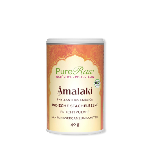 PureRaw Amalaki Pulver Bio in der 40-g-Dose freigestellt