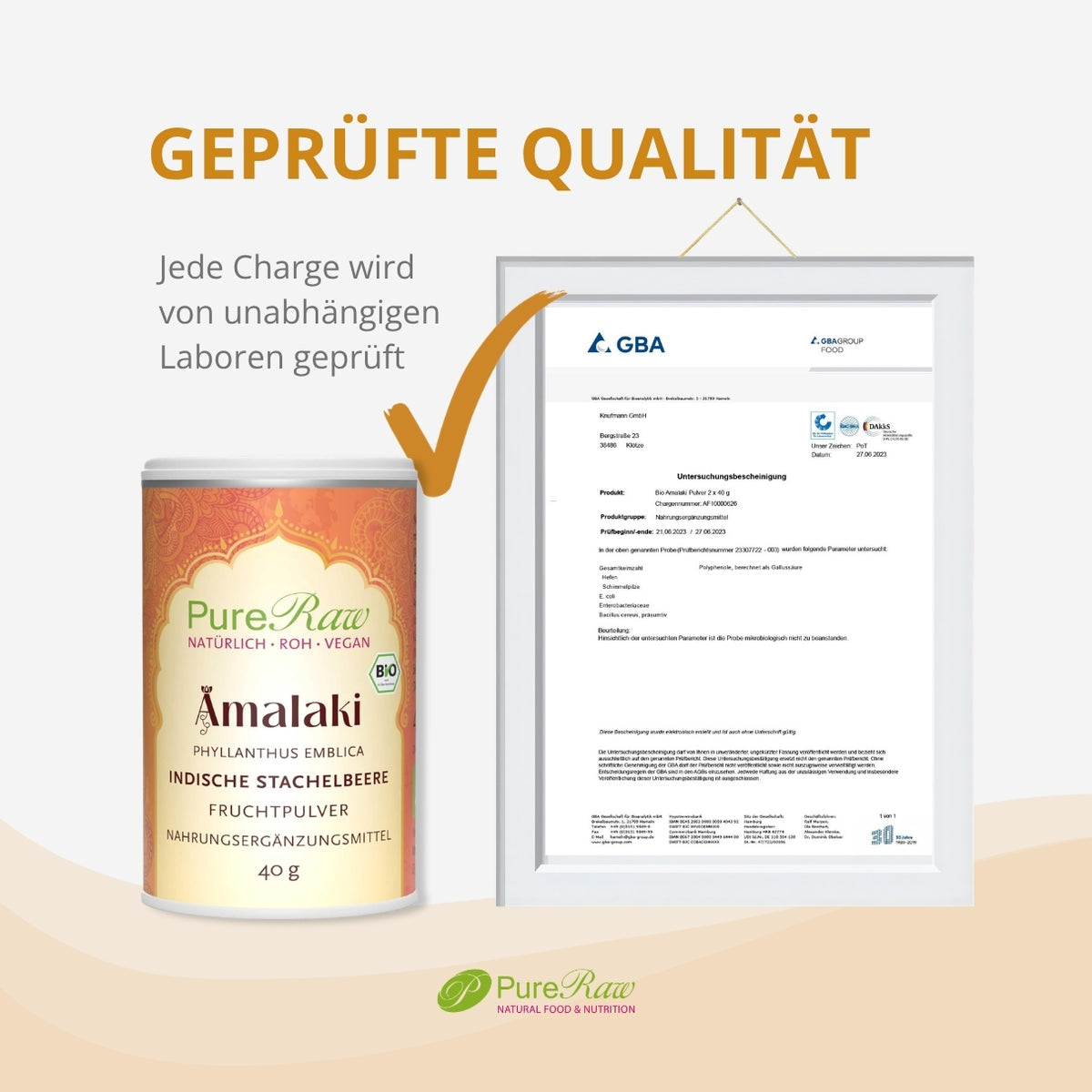 PureRaw Amalaki Pulver mit unabhängigem Laborprüfbericht zur Qualität