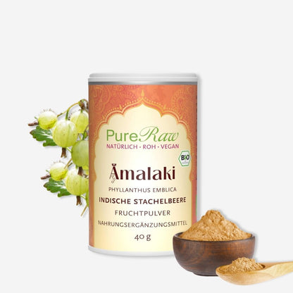 PureRaw Bio Amalaki Pulver mit indischen Stachelbeeren und Pulver in einer Holzschale