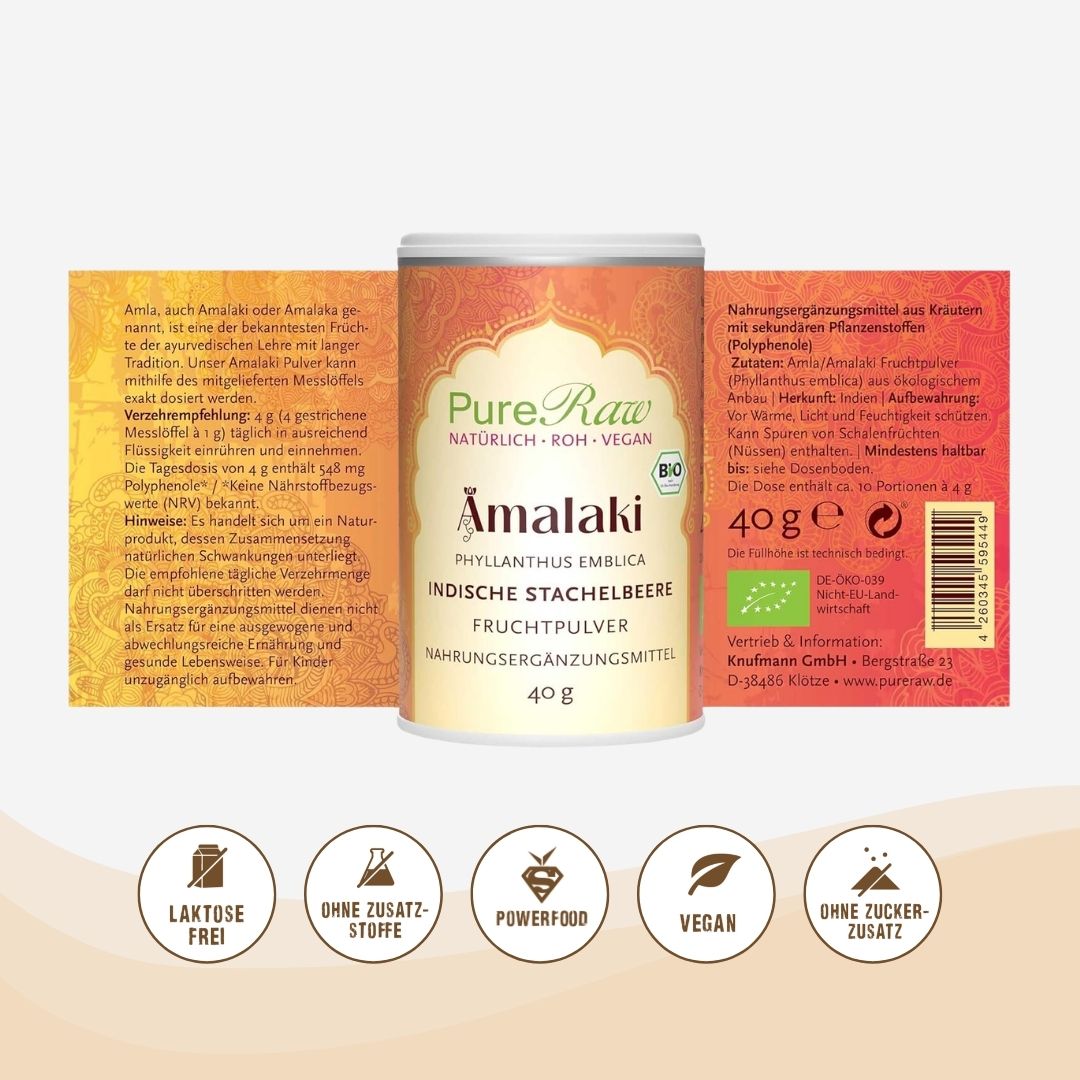 Rückseite der PureRaw Amalaki Dose mit Zutaten, Verzehrempfehlung und Produkthinweisen