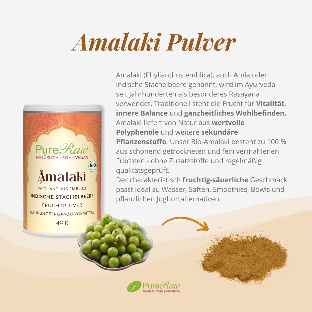 PureRaw Amalaki Pulver aus der indischen Stachelbeere mit Produktbeschreibung
