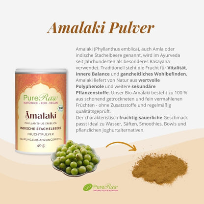 PureRaw Amalaki Pulver aus der indischen Stachelbeere mit Produktbeschreibung