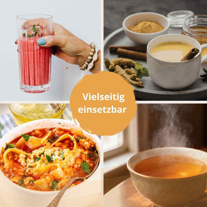 Ashwagandha Pulver vielseitig verwendbar in Smoothies, warmen Getränken, Suppen und Tee