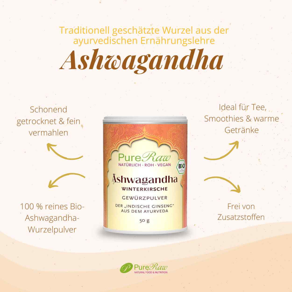 PureRaw Bio Ashwagandha Wurzelpulver – schonend getrocknet, fein vermahlen und ohne Zusatzstoffe