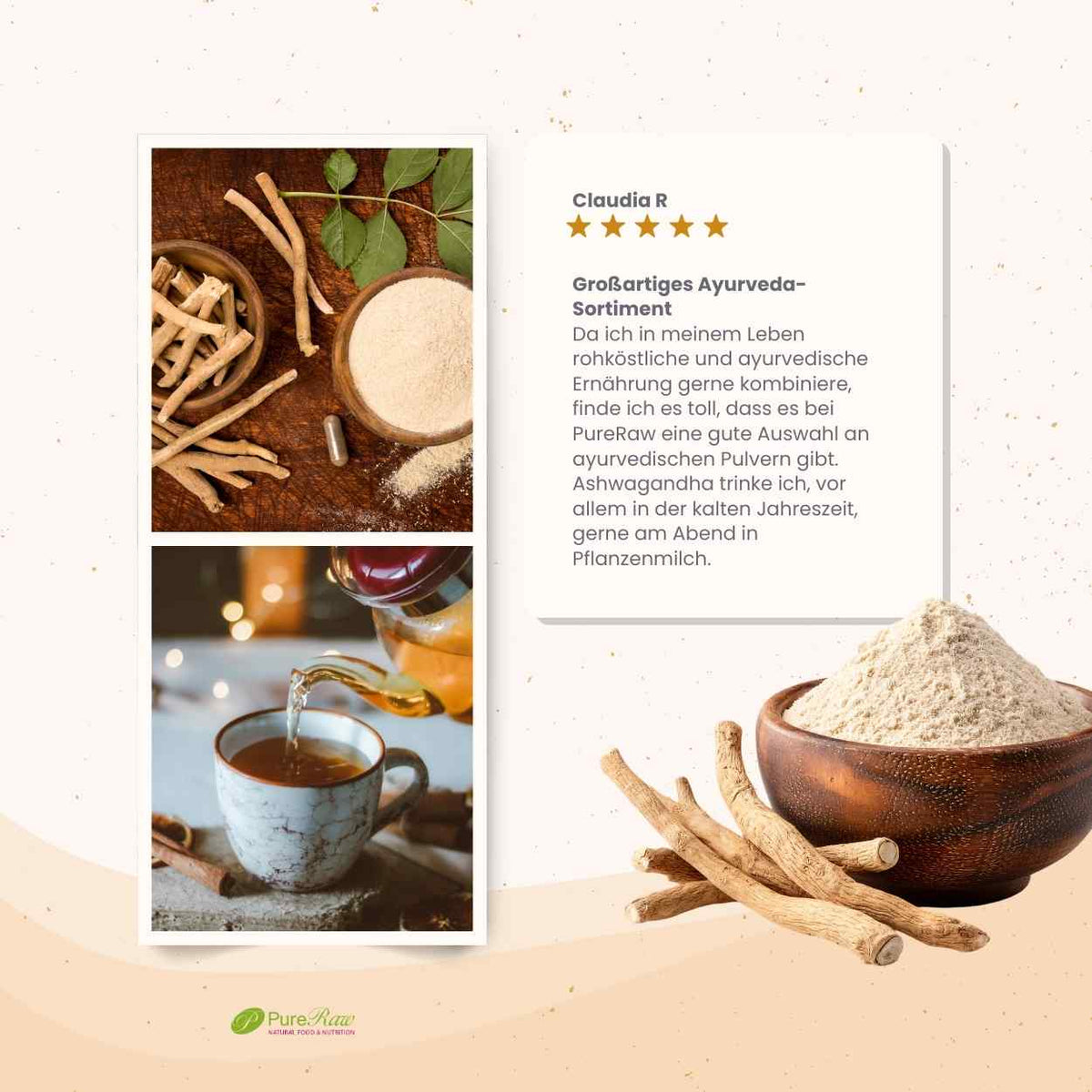 Ashwagandha Pulver zur vielseitigen Verwendung in Tee, Pflanzendrinks und Speisen