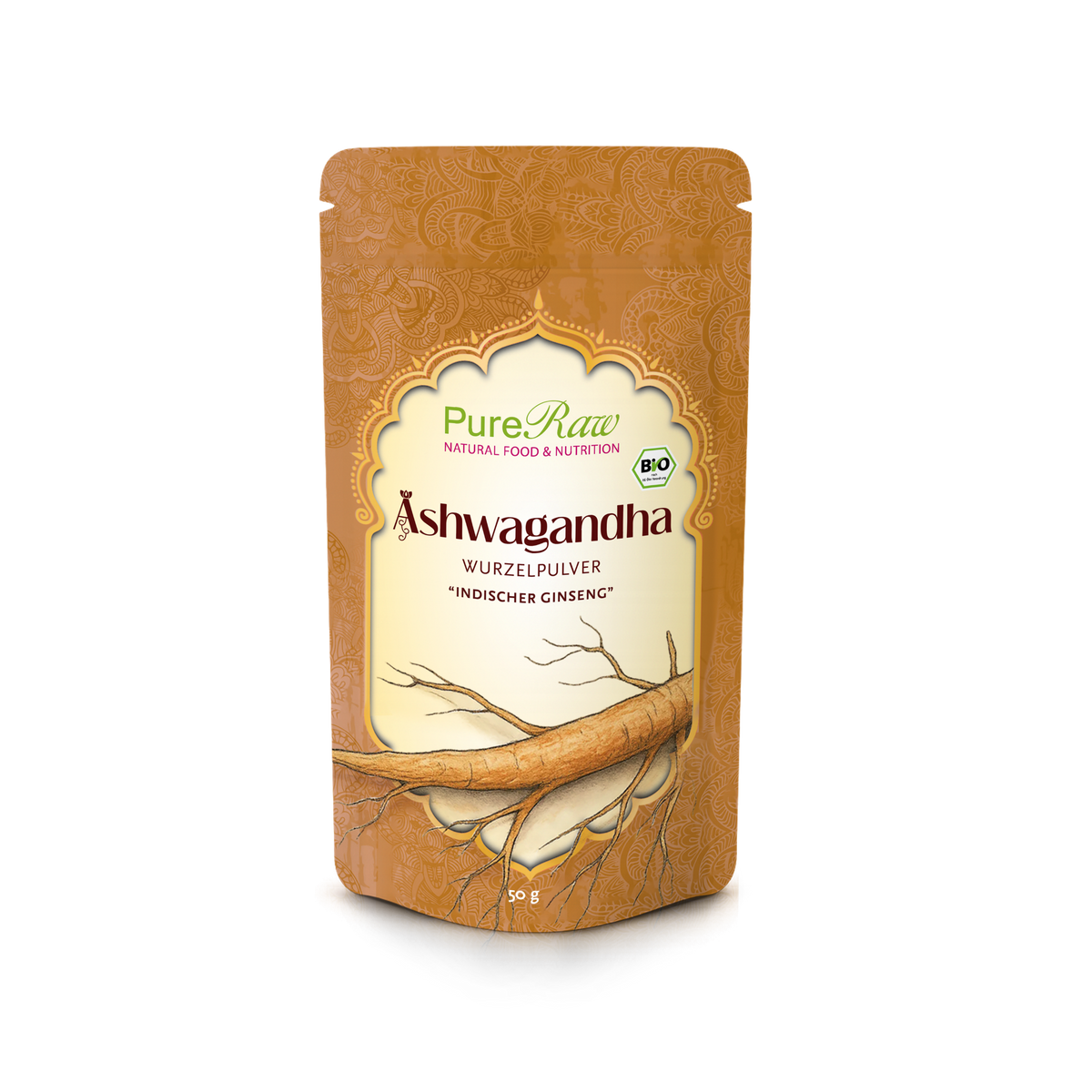 PureRaw Bio Ashwagandha Wurzelpulver in der 50 g Verpackung, aus kontrolliert biologischem Anbau.
