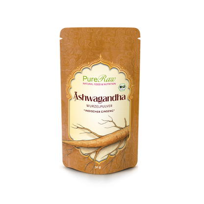 PureRaw Bio Ashwagandha Wurzelpulver in der 50 g Verpackung, aus kontrolliert biologischem Anbau.