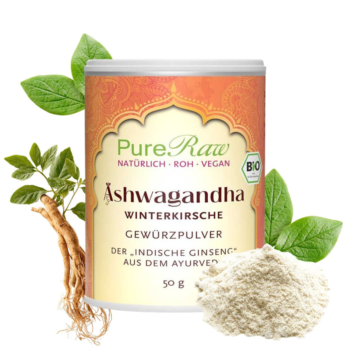 PureRaw Bio Ashwagandha Pulver mit Ashwagandha Pflanze und gemahlener Wurzel