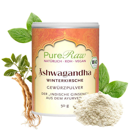 PureRaw Bio Ashwagandha Pulver mit Ashwagandha Pflanze und gemahlener Wurzel