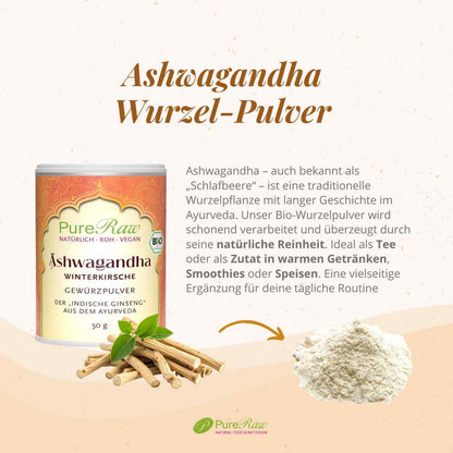 Bio Ashwagandha Wurzelpulver von PureRaw aus kontrolliert biologischem Anbau
