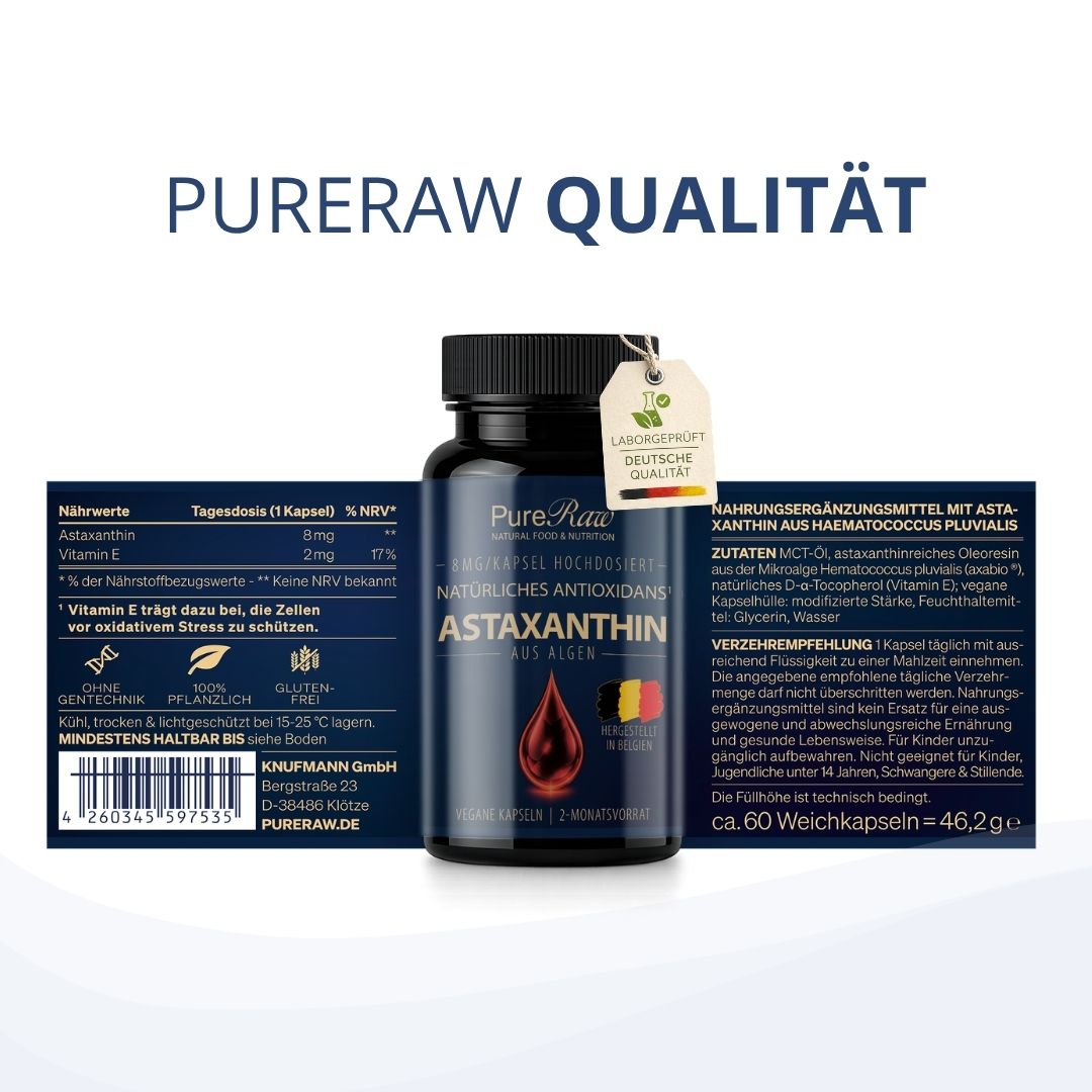 PureRaw Astaxanthin – Verpackungsansichten und geprüfte Qualität
